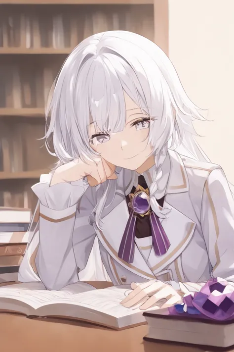 White haired  girl with purple jewel eyes is in a student dress with a book hug