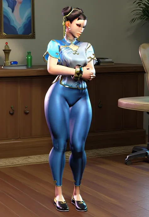 score_9, score_8, score_7, 3d, Chun-li,  hair bands, tight pants, apartments, leggings, shoe,  short sleeves , bracelet,  thick legs, black shoes,  eye shadow 