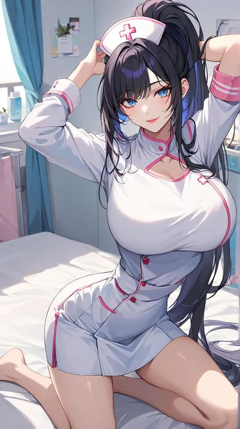  highest quality 　 masterpiece　 high resolution sweatshirt　 masterpiece,  messy black hair , thick and beautiful , high ponytail,  hair with a stripe in the middle  　 blue eyes, Seductive lips,   mocking an evil smile,  long sleeve nurse uniform , standout...