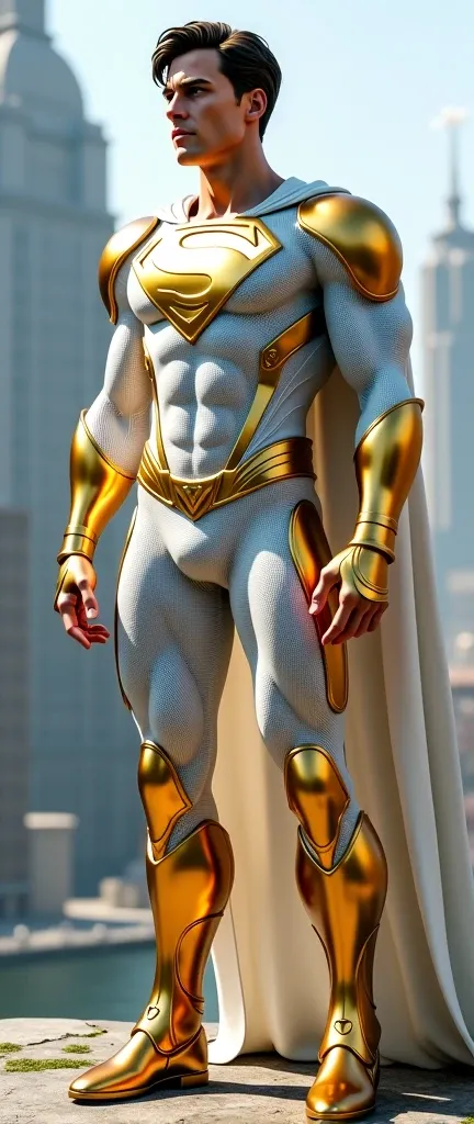  Full body photorealistic handsome hunky masculine young Superman unreal engine, extremely attractive male wearing white and gold scales transparent mesh bodysuit, with gloves and belt and boots,extremely masculine physique, intricately detailed metal body...