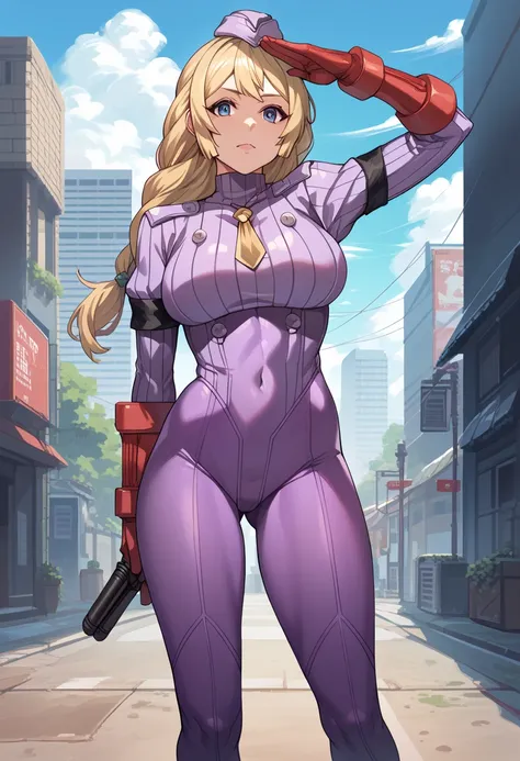 (score_9, score_8_up, score_7_up, score_6_up, score_5_up, score_4_up,source_anime), fpo_up、1girl,Alone,sexy mature woman,athletic body, Defin Grid、Braided Ponytail、blue eyes、Blonde,((standing at attention)), ((salute)) , ((purple dollsuit)), dark persona, ...