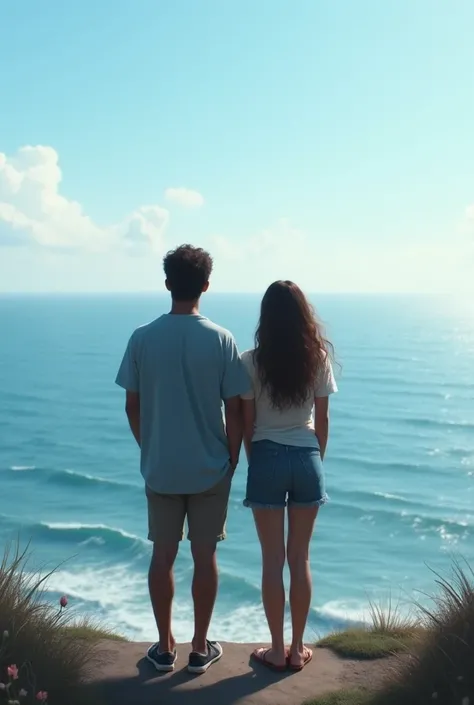 A man and a brown woman from the back facing the sea 