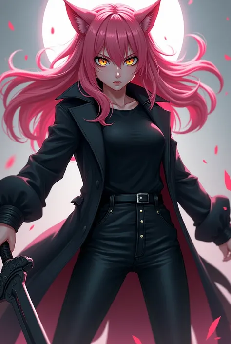  a werewolf girl anime,  fair skin ,  pink hair,  golden eyes,  black overcoat ,  black t-shirt,  black pants ,  serious and furious expression, wielding a heavy sword.
