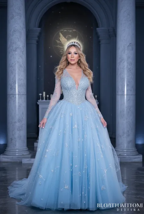 An elegant mistress exudes power, allure, and a commanding presence, embodying a blend of mystery and sophistication. She wears an icy-blue floor-length gown that shimmers like starlight, crafted from flowing layers of ethereal tulle with delicate silver e...