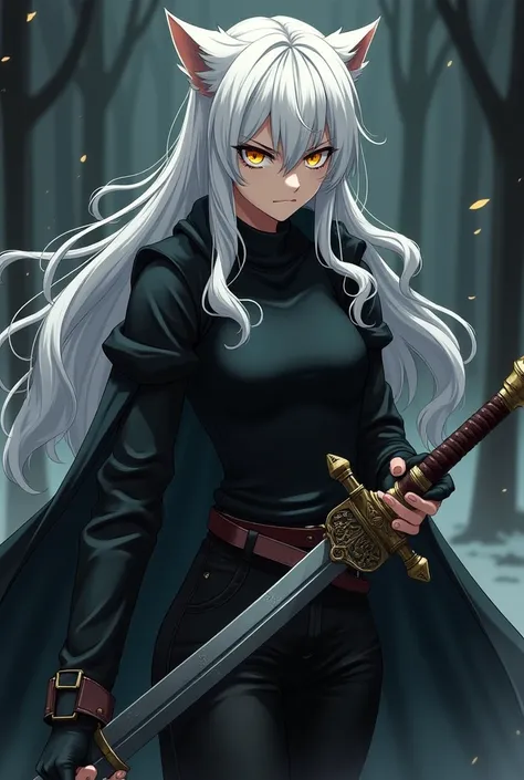  a werewolf girl anime,  fair skin ,  white hair,  golden eyes,  black overcoat ,  black t-shirt,  black pants ,  serious and furious expression, wielding a heavy sword.
