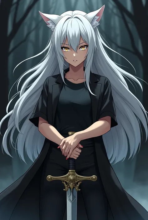  a werewolf girl anime,  fair skin ,  white hair,  golden eyes,  black overcoat ,  black t-shirt,  black pants ,  serious and furious expression, wielding a heavy sword.
