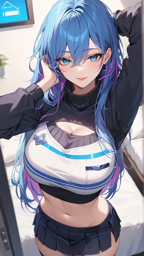  highest quality 　 masterpiece　 high resolution sweatshirt　 masterpiece, disheveled white and blue hair, thick and beautiful ,  hair with a stripe in the middle  　 bright blue eyes, Seductive lips,  provocative smile, sexy long sleeve black Police uniform ...