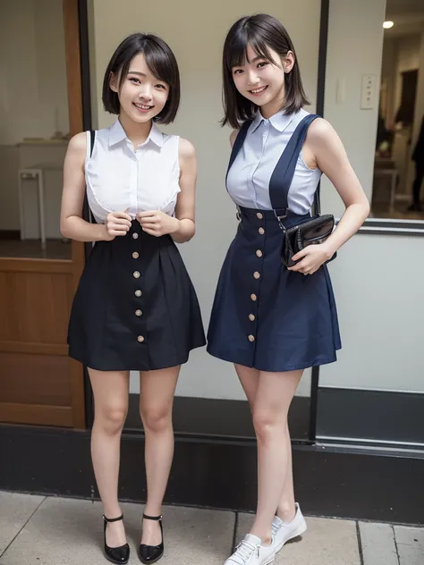 ( HD)、( high quality)、( short hair)、( Tight Sleeveless Dress)、(Collared dress)、( dress with buttons on the chest)、( two Japanese girls )、(Big Breasts:1.5)、(smile:1.3)、(Young face:1.4)、( are small:1.4)、(uniform:1.3)、(Breast bag:1.3)、(It is shown that they a...