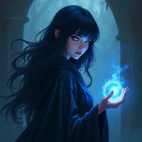 Fantasy portrait of a mysterious, powerful sorceress with dark blue-black hair flowing in thick, wavy strands, styled with curtain bangs for an ethereal look. Her eyes glow with indigo and ultramarine, showing both wisdom and magical power, radiating a sou...