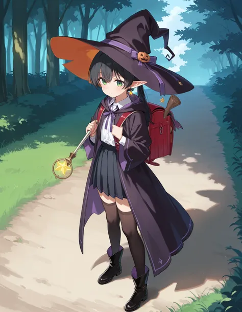 Masterpiece, hd, anime, 2d,  black hair, elf girl, pointed ears, wearing witch hat,  1girl wearing a witch Costume, white puffy collared shirt, black pleated skirt,  neck ribbon, witch robes, bowtie, earrings, jewelry, holding magic wand, outdoor, ponytail...