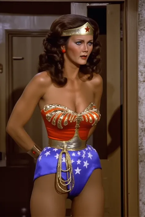 All wet sweaty Very young Lynda Carter, dark brunette hair, slender hourglass body, low small teardrop breasts, dressed with her wonderwoman costume from her tv show, fold down the superior part to show her bust, using the typical red boots with vertical w...