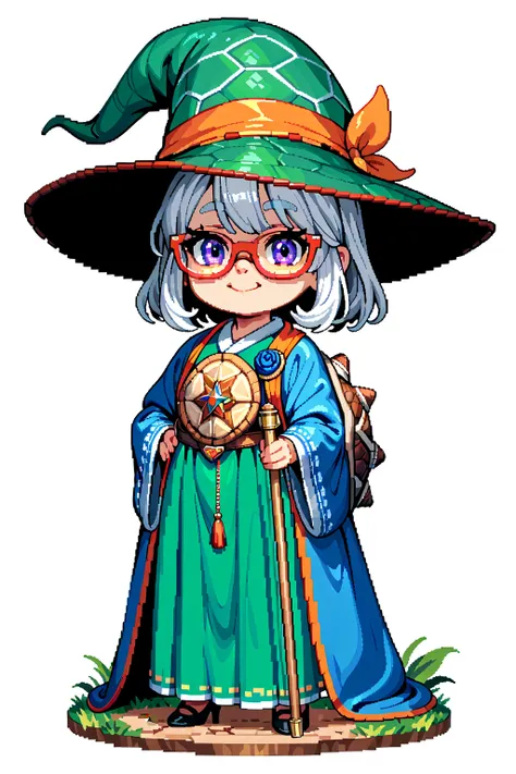 facing left, masterpiece, highest quality, standing, face photo, white background, pixel art, chibi,
old woman with long white hair,
Turtle shell on the back,
wizard's robe and hat,cane and glasses