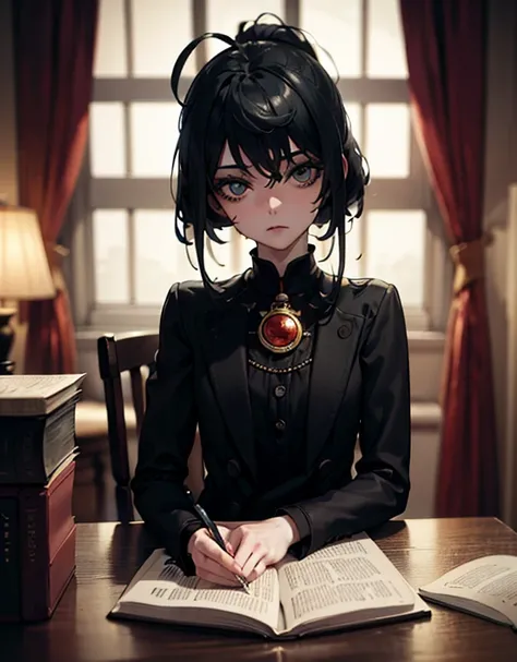 Killjoy Sitting Down at desk reading a book, (masterpiece:1.2, best quality:1.2, beautiful, high quality, highres:1.1, aesthetic), detailed, extremely detailed, ambient soft lighting, 4K, perfect eyes, perfect face, perfect lighting,