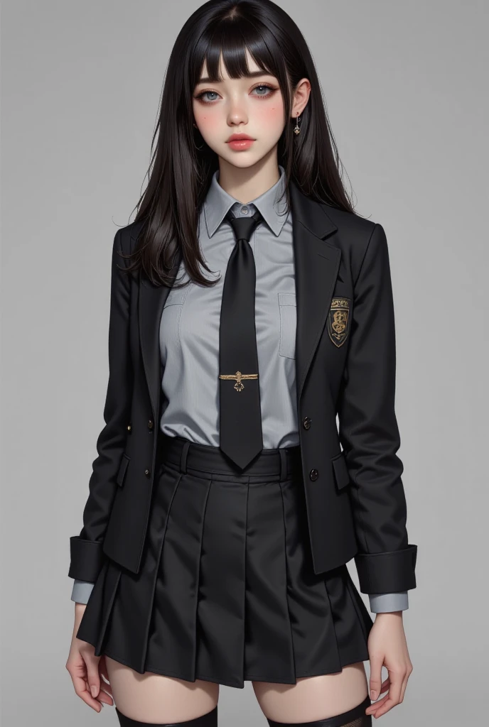 ((High quality)), ((masterpiece)), ((highly detailed)), ((big tits)), perfect face, realistic, high school uniform, Gray Top shirt button undone, balck tie, black blazer unbuttoned, black skirt, ((mature)), ((gorgeous)), full body, Long straight silk black...