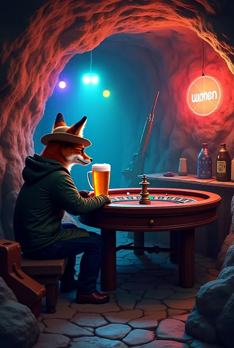 The cave with a fox in a hat and glasses ,  playing video games , beer ,  with colorful lights. On the cave wall there is an inscription  "no women ".  Next to it is a roulette table ,  gun rack and a siriptizer