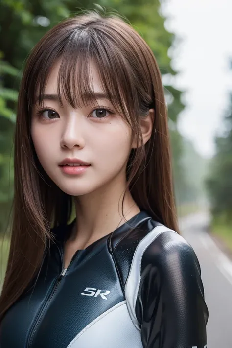    photos of attractive Japanese women sticking out,  one girl playing pranks,  perfect body ,  super detailed faces on a mountain road at night, Detailed lips,  beautiful eyes,  double eyelid, (Rashguard Swimwear), ( wetsuit ),  light brown hair,  Invalid...