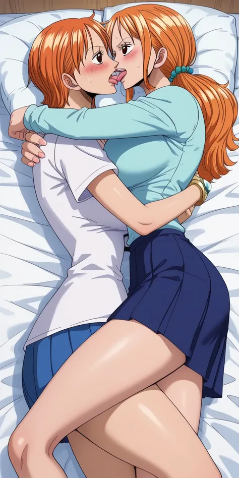  in ultra high quality、 top quality、ONE PIECE、anime、 female character in ONE PIECE、 Super Big Breasts 、 cleavage、beautiful tight waist 、 thighs、((2girls))((Nami and Nefertari Vivi ))、 Nami with orange hair 、 Neferta Livivi with light blue hair、 embarrassin...