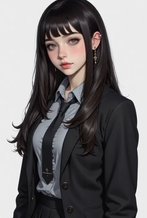 ((High quality)), ((masterpiece)), ((highly detailed)), ((big tits)), perfect face, realistic, high school uniform, Gray Top shirt button undone, balck tie, black blazer unbuttoned, black skirt, ((mature)), ((gorgeous)), full body, Long straight silk black...