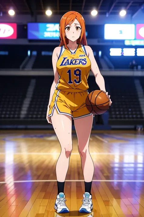  wearing a yellow Los Angeles Lakers basketball jersey.
	•	She has long, orange  hair, and her brown eyes stand out against her fair skin.
	•	Her face and body are covered in sweat, and she appears to be in an intense moment, possibly after physical activi...