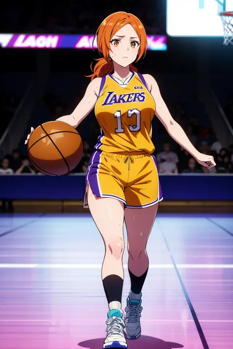  wearing a yellow Los Angeles Lakers basketball jersey.
	•	She has long, orange  hair, and her brown eyes stand out against her fair skin.
	•	Her face and body are covered in sweat, and she appears to be in an intense moment, possibly after physical activi...