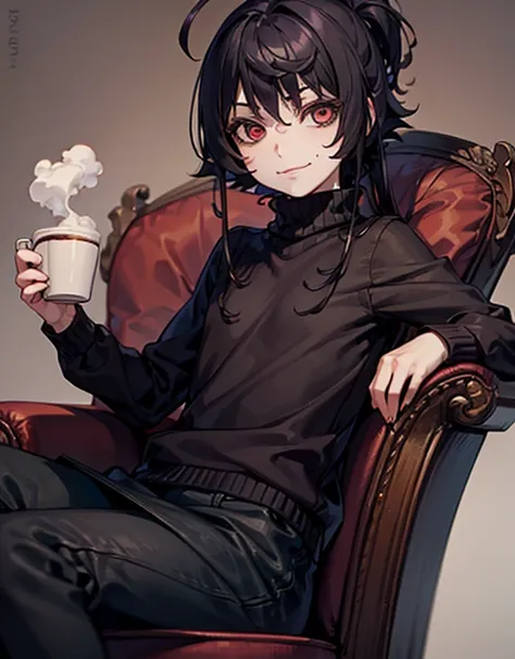 Young anime cannibal with black hair and dark red eyes wearing a sweater with a coffee in his hands and a small smile sitting in an armchair.