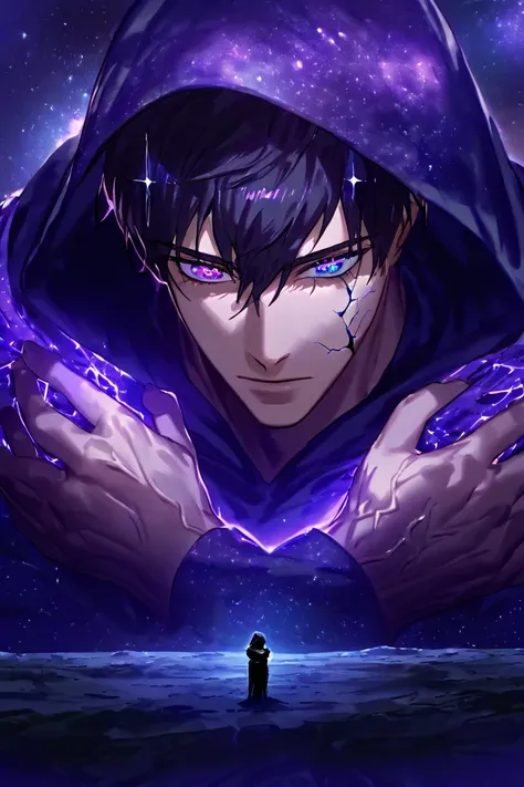 Hood, masculine character, in cosmic galaxy scenario, stars, Darkness, Alone, purple eyes, dark hair, Hands with bright glowing veins, glowing veins in the eyes shining. Cosmic Scenario, alone hugging himself, left lilac eye, right blue eye.