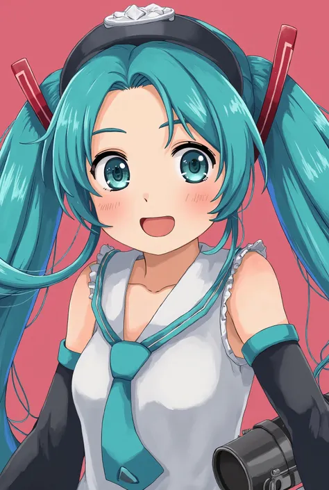 (Masterpiece、 top quality、 top quality、 Official Art、  beautiful and beautiful  :1.2)、( one girl:1.3) Hatsune Miku、 twin tails, beautiful breasts, very detailed、 top quality、 best image quality、 Masterpiece、8k、Anime face 、 kind smile、 open your mouth、lppl2...