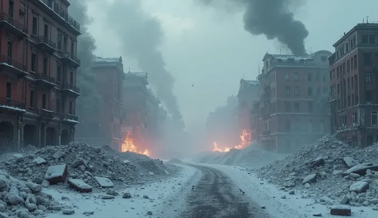 Deserted city destroyed by bombs ,Russian winter ,  destroyed buildings, fire,Smoke snowstorm and wind,