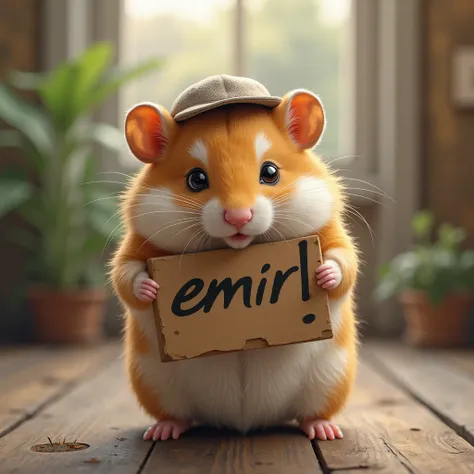 a mignon duveteux hamster tenant une pancarte protestataire, (le panneau dit ("emir")), (, mignon,  adorable , duveteux,Une casquette us élégante,[écharpe), réaliste, détaillé, photoréaliste, 8K, highly détaillé, chef-d'œuvre, détails complexes, couleurs v...