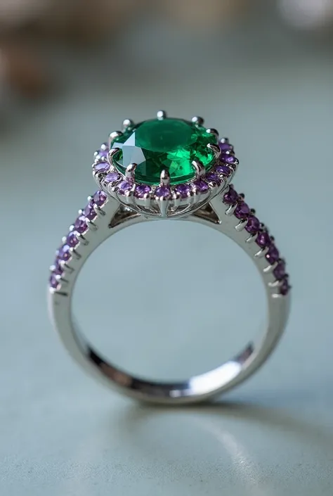 Silver engagement ring,  silver engagement ring with an emerald and small purple gemstones 