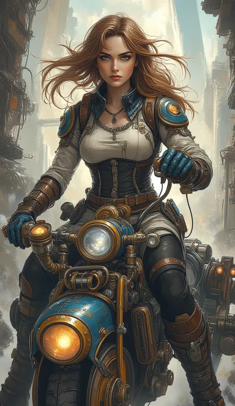 ( masterpiece:1.2 ), (  super detailed), 8k, 16k,  wallpaper,(  steampunk:2.0) ,Female Explorer, sci-fi  ,  graphic novel  ,  retrofuture,  avant-garde ,Steam engine,The evolved vehicle of,mechanical