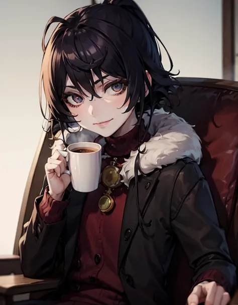 Young anime cannibal with black hair and dark red eyes wearing a sweater with a coffee in his hands and a small smile sitting in an armchair.