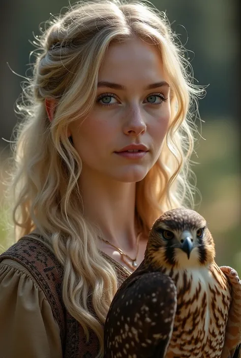 A beautiful Scandinavian woman, 
extraordinarily beautiful face, blond,
She is holding a falcon in her hand,
a falcon-wielding woman,

