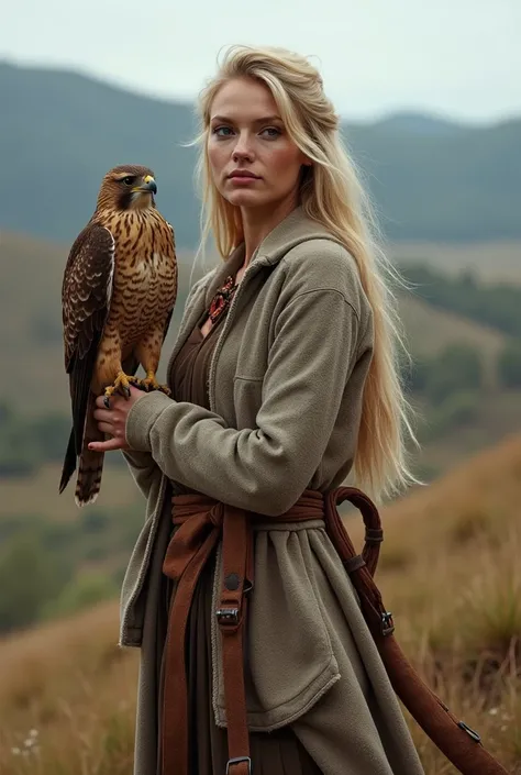 A beautiful Scandinavian woman, 
extraordinarily beautiful face, blond,
She is holding a falcon in her hand,
a falcon-wielding woman,
on the hill
