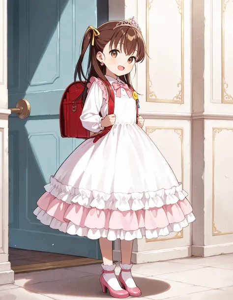 Hd, (littlegirl:1.2) (slender body) (thin body), smile, happy, masterpiece, best quality, highres,2d, anime, 1girl, long hair, one side up, solo, ponytail, brown hair, long hair, hair ribbon, brown eyes,  cowboy shot,princess dress, princess Costume, color...