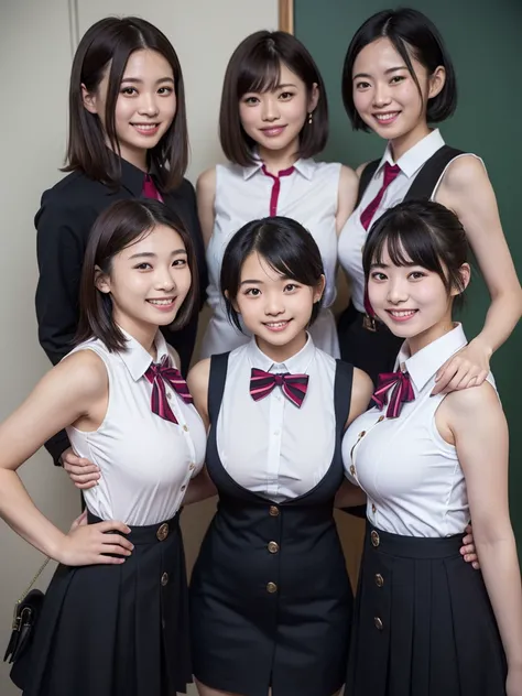 ( HD)、( high quality)、( short hair)、( Tight Sleeveless Dress)、(Collared dress)、( dress with buttons on the chest)、( two Japanese girls )、(Big Breasts:1.5)、(smile:1.3)、(Young face:1.4)、( are small:1.4)、(uniform:1.3)、(Breast bag:1.3)、(It is shown that they a...