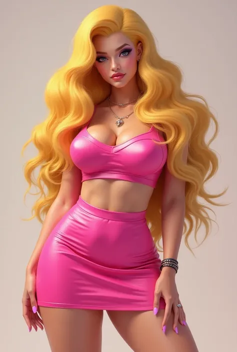 A blonde woman wearing a pink cropped and a pink mini skirt with big breasts