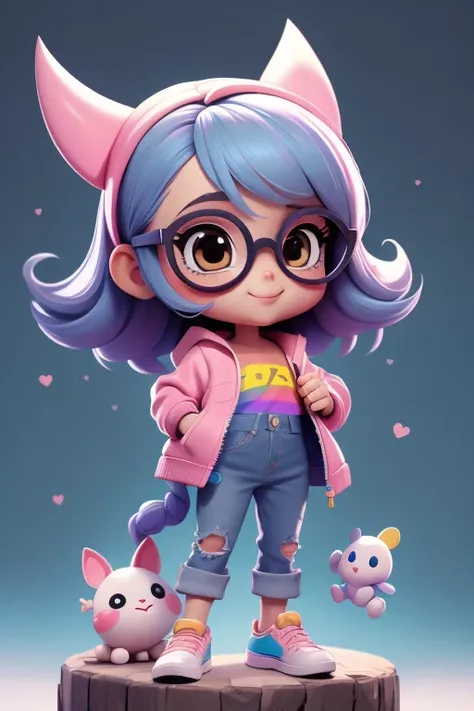 style chibi, jeans, Cheveux mi-longs lâches, mignon, sourire, Fille tenant un livre graffiti squetch tout en portant des lunettes, corps entier jusqu'aux pieds, en robe de poupée rose, Style 3dm, regarde le spectateur,pleine jungle avec arc en ciel 