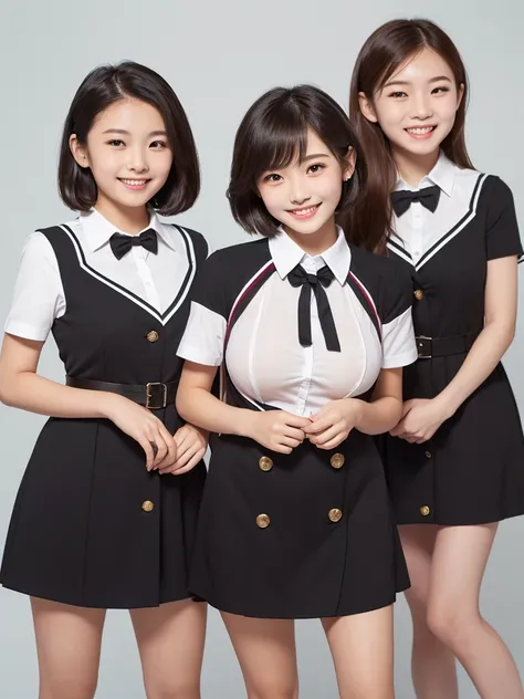 ( HD)、( high quality)、( short hair)、(tight, short-sleeved dress)、(Collared dress)、( dress with buttons on the chest)、( two Japanese girls )、(Big Breasts:1.4)、(smile:1.3)、(Young face:1.4)、( are small:1.4)、(uniform:1.3)、(Breast bag:1.3)、(It is shown that the...