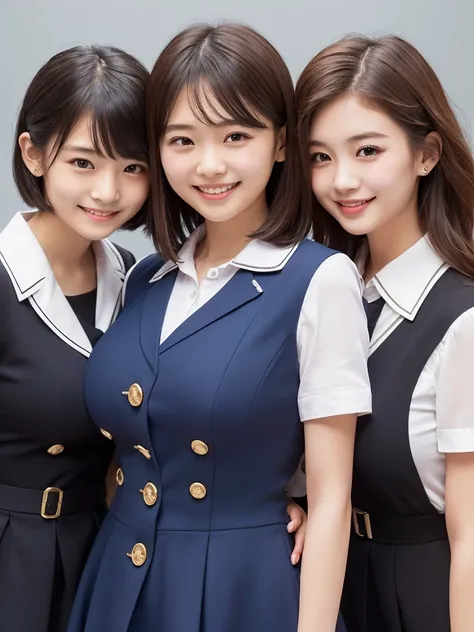 ( HD)、( high quality)、( short hair)、(tight, short-sleeved dress)、(Collared dress)、( dress with buttons on the chest)、( two Japanese girls )、(Big Breasts:1.4)、(smile:1.3)、(Young face:1.4)、( are small:1.4)、(uniform:1.3)、(Breast bag:1.3)、(It is shown that the...