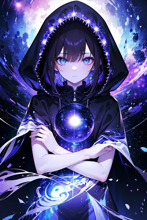 Hood, masculine character, in cosmic galaxy scenario, stars, Darkness, Alone, purple, dark hair, Hands with bright glowing veins, glowing veins in the eyes shining. Cosmic Scenario, alone hugging himself, left lilac eye, right blue eye.