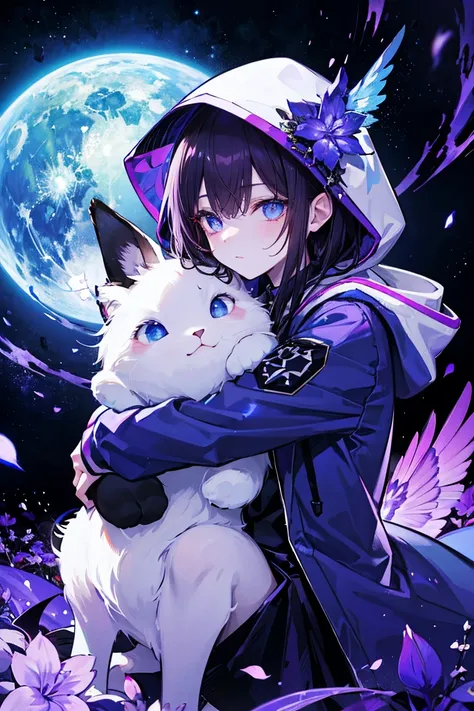 Hood, masculine character, in cosmic galaxy scenario, stars, Darkness, Alone, purple, dark hair, Hands with bright glowing veins, glowing veins in the eyes shining. Cosmic Scenario, alone hugging himself, left lilac eye, right blue eye.