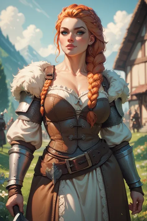 female giant, medieval fantasy, barbarian, thick hair kept braided, muscular