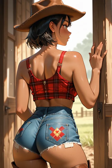 farm girl, cowboy hat, plaid front knot crop top, cleavage, bra, denim shorts, cowboy boots, high waist thong, freckles, black hair, brown skin, latina, from behind