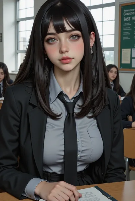 ((High quality)), ((masterpiece)), ((highly detailed)), ((big tits)), perfect face, realistic, high school uniform, Gray Top shirt button undone, black tie, black blazer unbuttoned, black skirt, ((mature)), ((gorgeous)), full body, Long straight silk black...