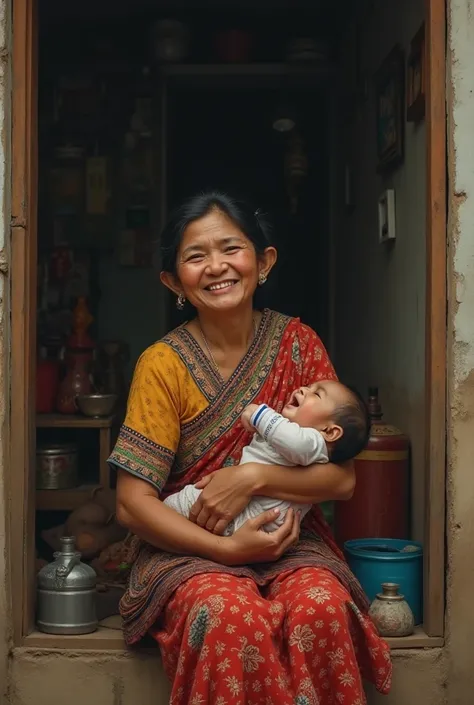 Imagine of the mother wearing the Karen traditional clothing and carrying her baby and cry and staying in small house 