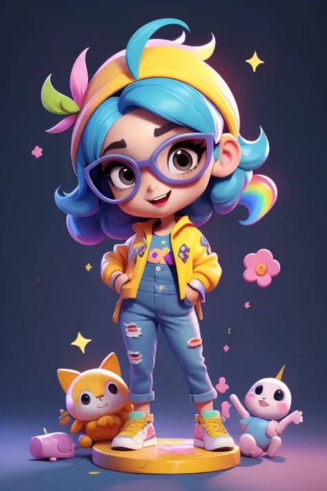 style chibi pixar 3d graffeuse, jeans, Cheveux mi-longs lâches, mignon, sourire, Fille tenant un livre graffiti squetch tout en portant des lunettes, corps entier jusqu'aux pieds, en robe hip hop, Style 3dm, regarde le spectateur,pleine jungle avec arc en ...