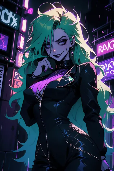 A female version of the Joker from DC Comics, standing in a dark, neon-lit Gotham alley. She has wild, unkempt green hair and a sinister smile with smeared red lipstick stretching across her face. Her eyes gleam with madness, and her pale white skin contra...