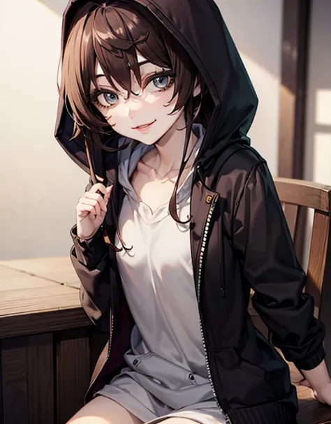 Brown hair. Anime girl. Asian girl. Ulzzang. Brown eyes. Smiling. Hoodie.