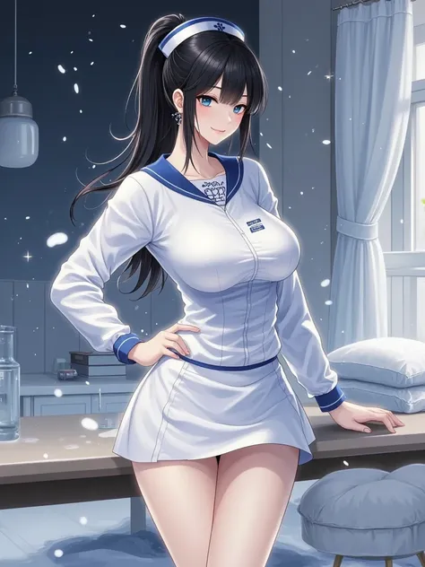  highest quality, masterpiece, high resolution sweatshirt, masterpiece, messy black hair , thick and beautiful , high ponytail,  hair with a stripe in the middle, blue eyes, Seductive lips,   mocking an evil smile,  long sleeve nurse uniform , standout sho...